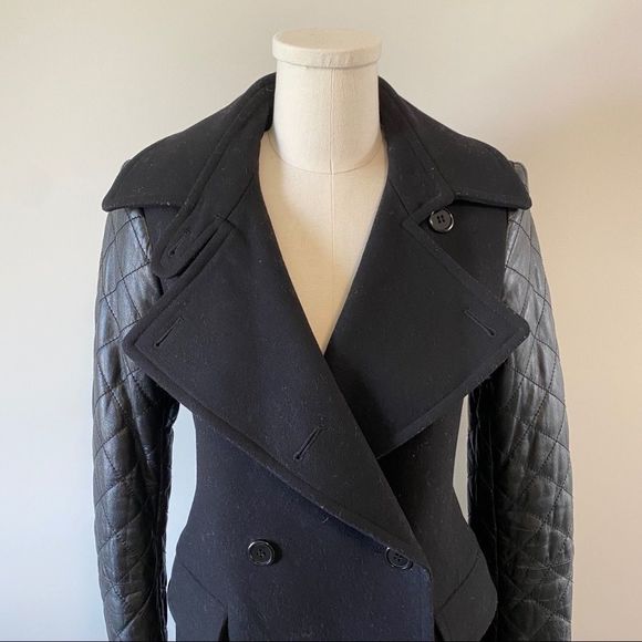 Club Monaco Carolina  Wool Pea Coat Leather Sleeves - Picture 4 of 16